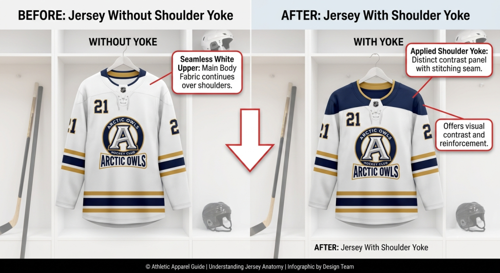Before and after comparison illustrating a plain white upper hockey jersey versus one upgraded with a navy blue contrasting shoulder yoke.