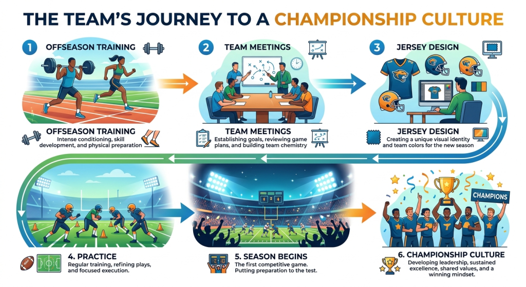 Visual diagram showing the step-by-step evolution from offseason preparation to championship team culture.