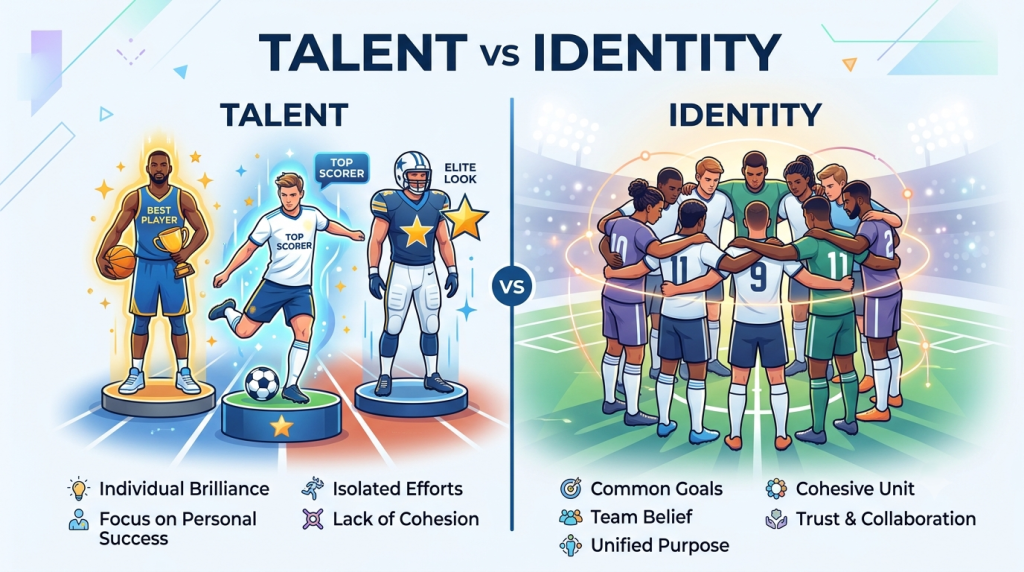 Comparison graphic contrasting individual player performance and isolated talent with a unified team huddle representing shared identity and collaboration.