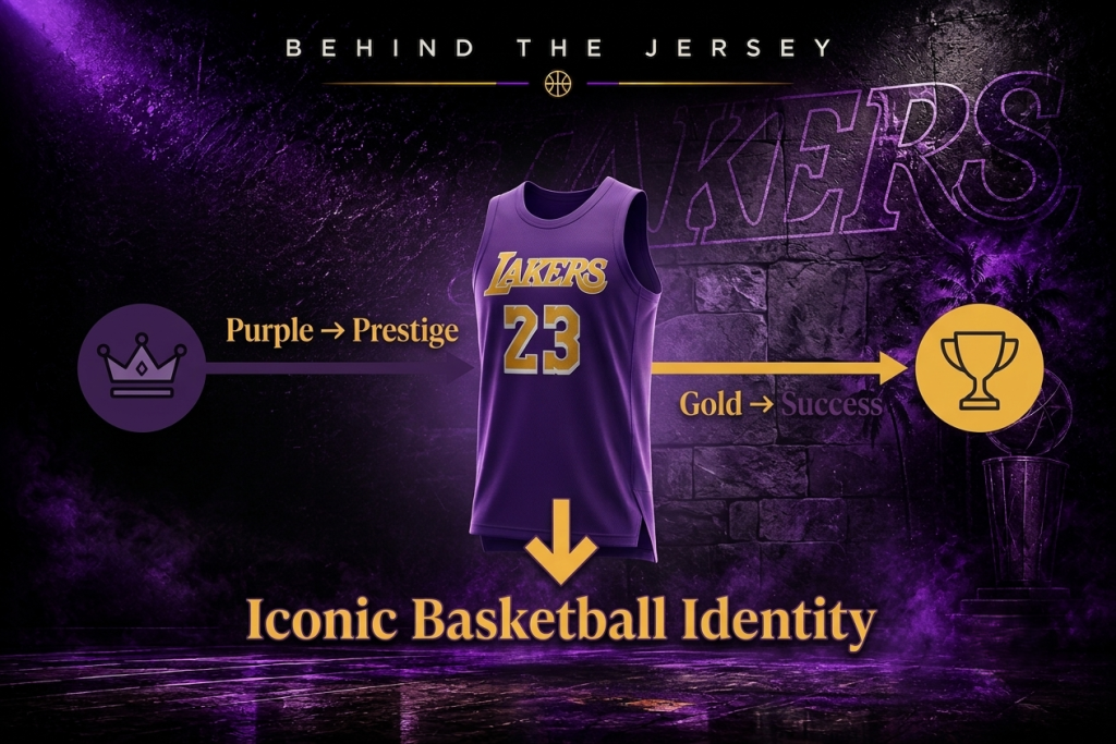 Visual diagram explaining the prestige and success behind the iconic Lakers purple and gold basketball jersey identity.