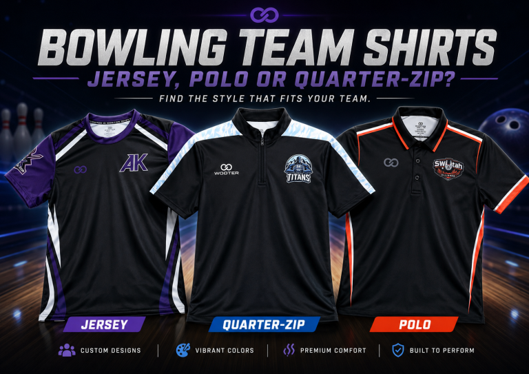 Custom Wooter bowling jersey, quarter-zip shirt and polo compared on a bowling lane