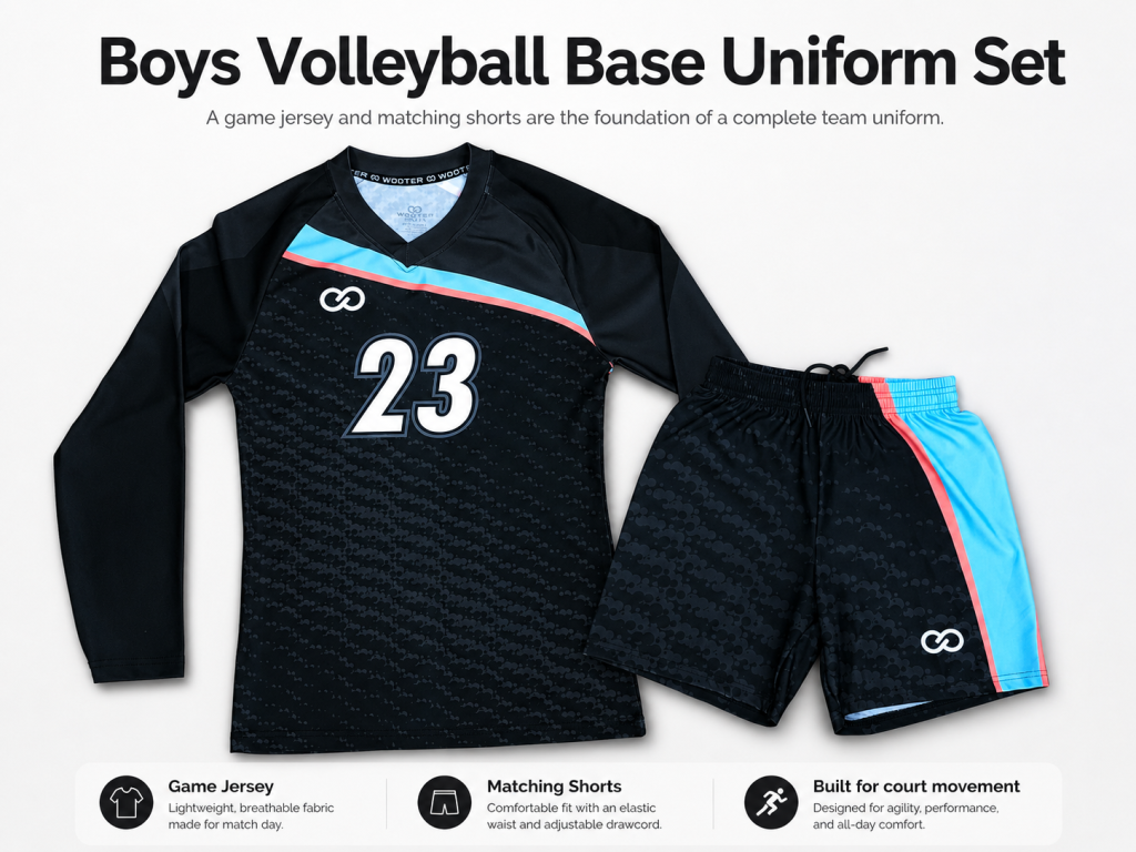 Boys volleyball jersey sizing guide showing shoulder room, chest fit, torso length and movement test