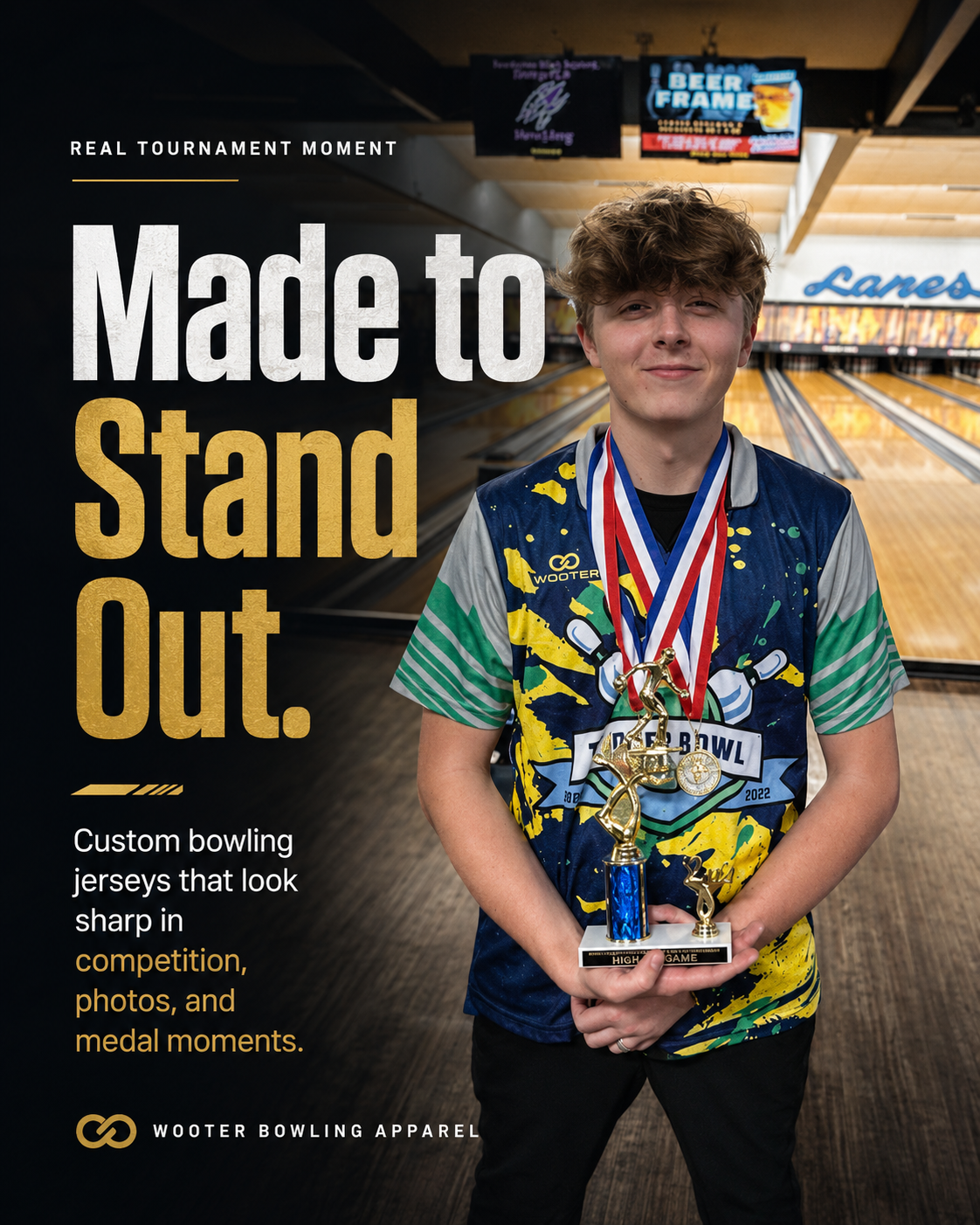Tournament bowler wearing a colorful custom Wooter bowling jersey while holding a trophy and medals