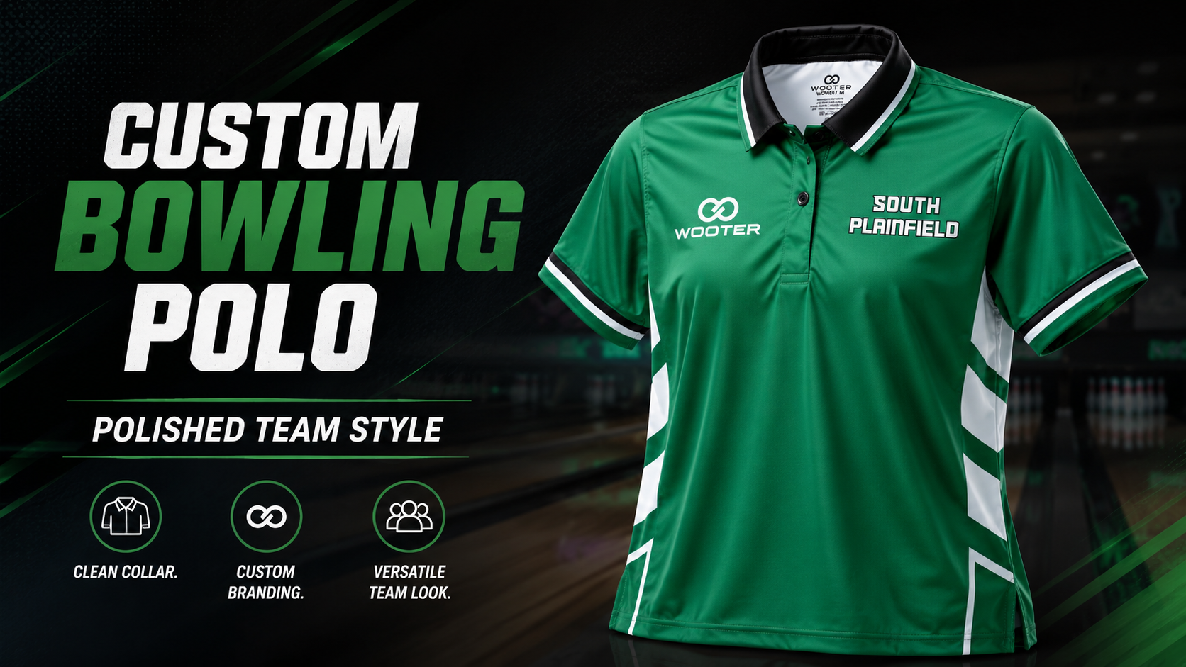 Green South Plainfield custom bowling polo by Wooter with contrast collar and team branding