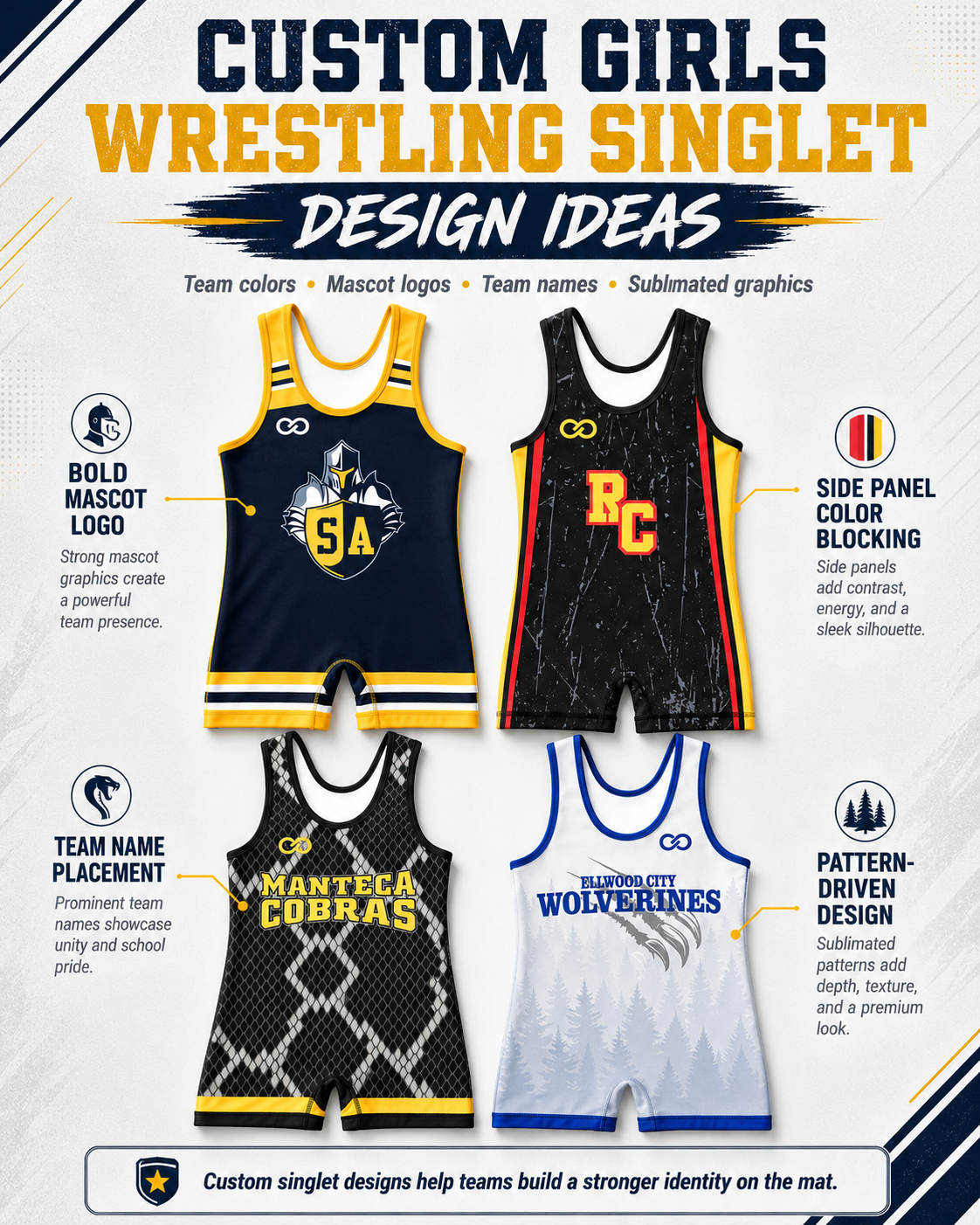 Custom girls wrestling singlet design ideas with team colors mascot logos team names and sublimated graphics