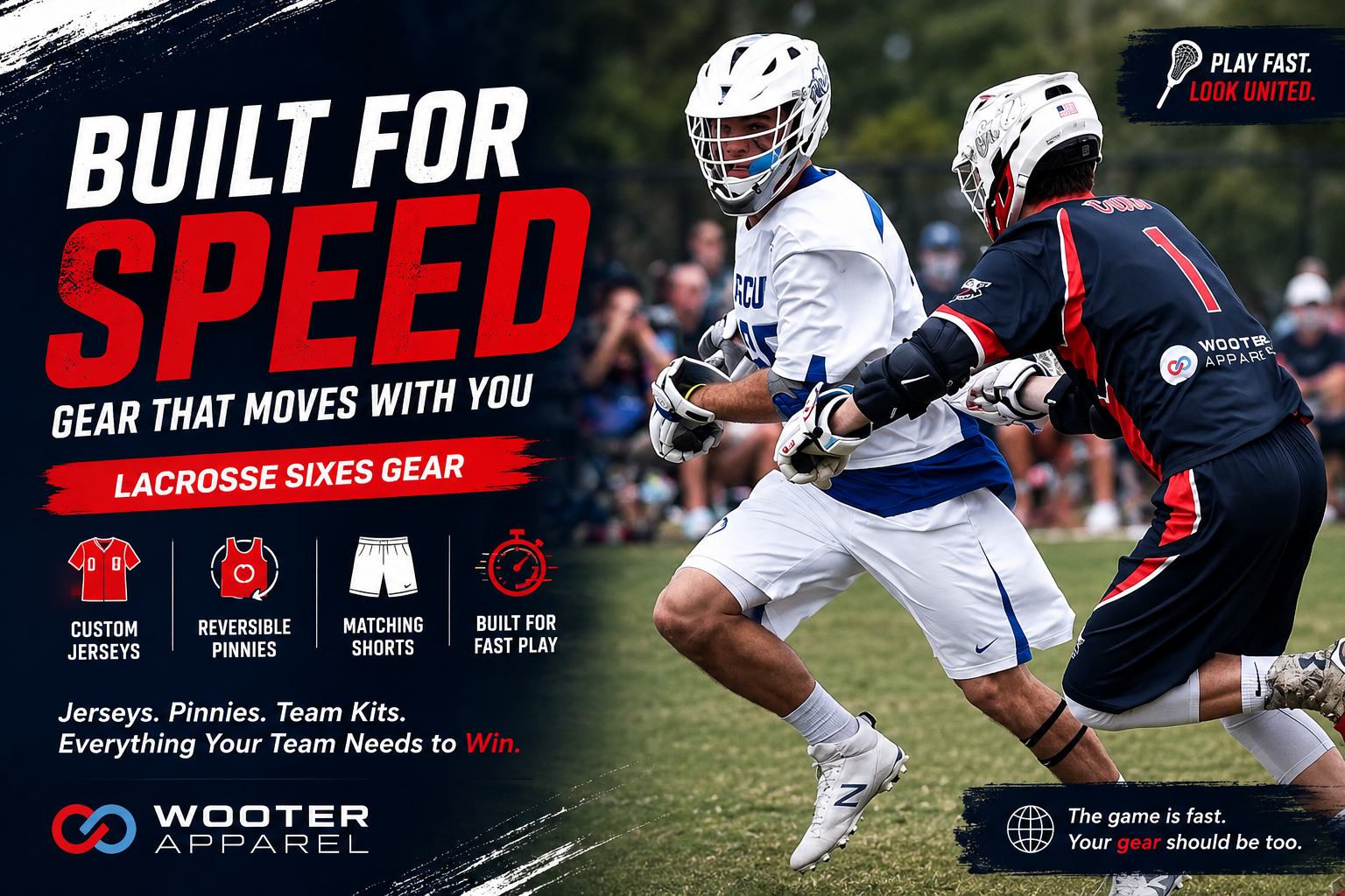 Players competing in custom Lacrosse Sixes uniforms during a competitive game.
