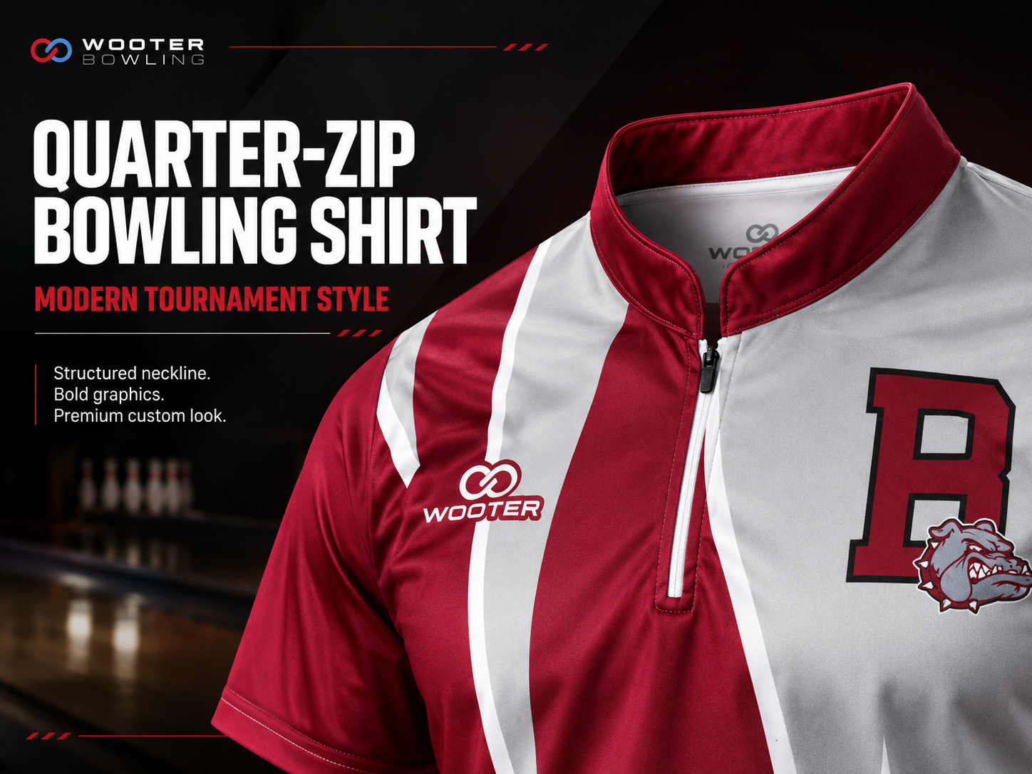 Red and white custom Wooter quarter-zip bowling shirt with team logo and structured zip neckline