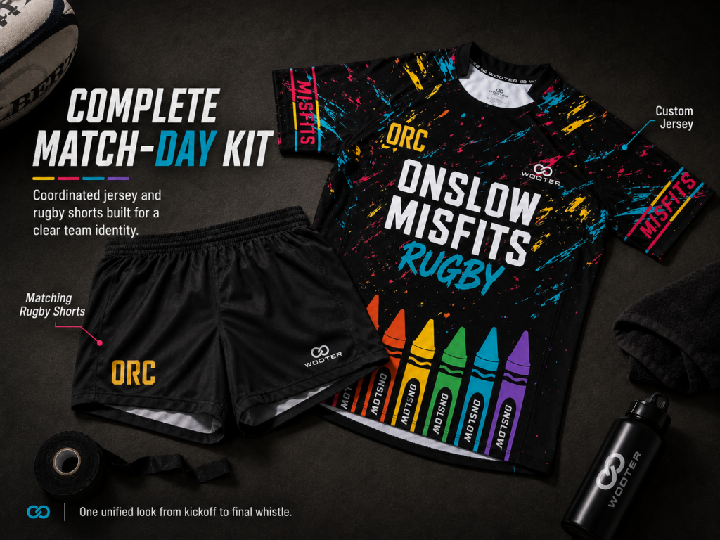 Custom girls’ rugby match-day kit showing a coordinated Wooter jersey and matching rugby shorts