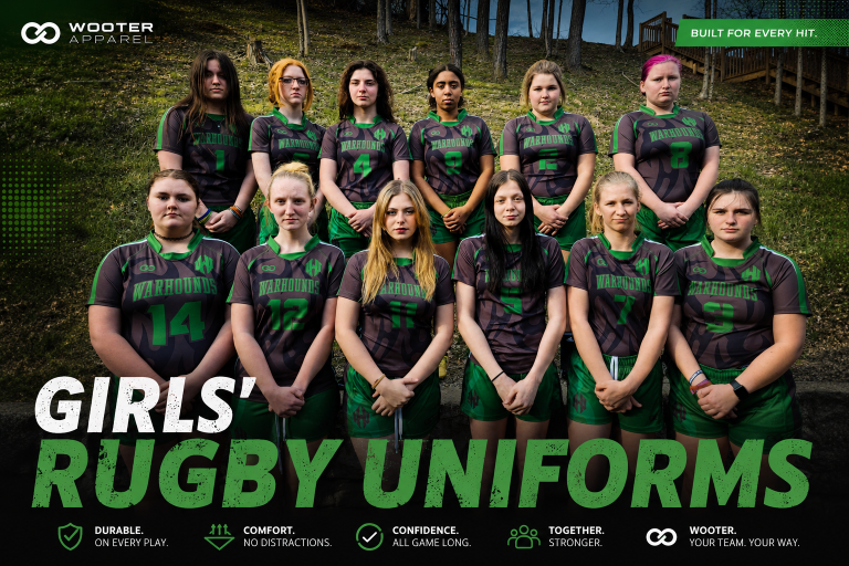 Girls’ rugby team wearing matching black-and-green custom Wooter jerseys and shorts outdoors