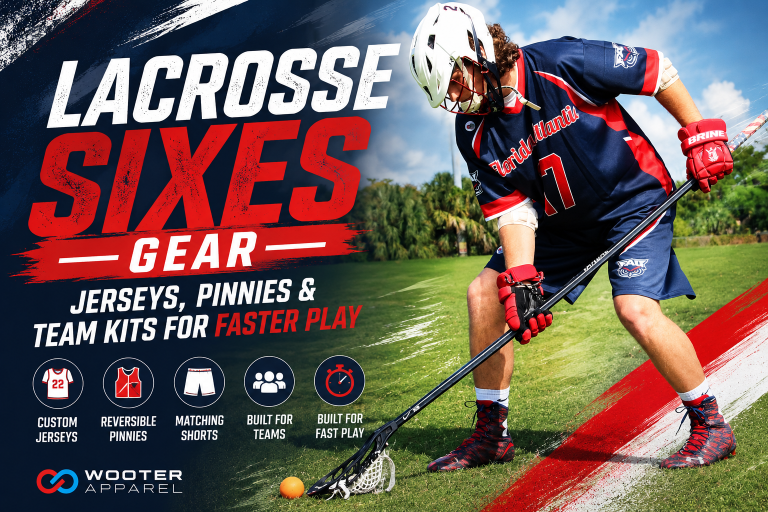 Player wearing a custom Lacrosse Sixes jersey while scooping the ball during a game.
