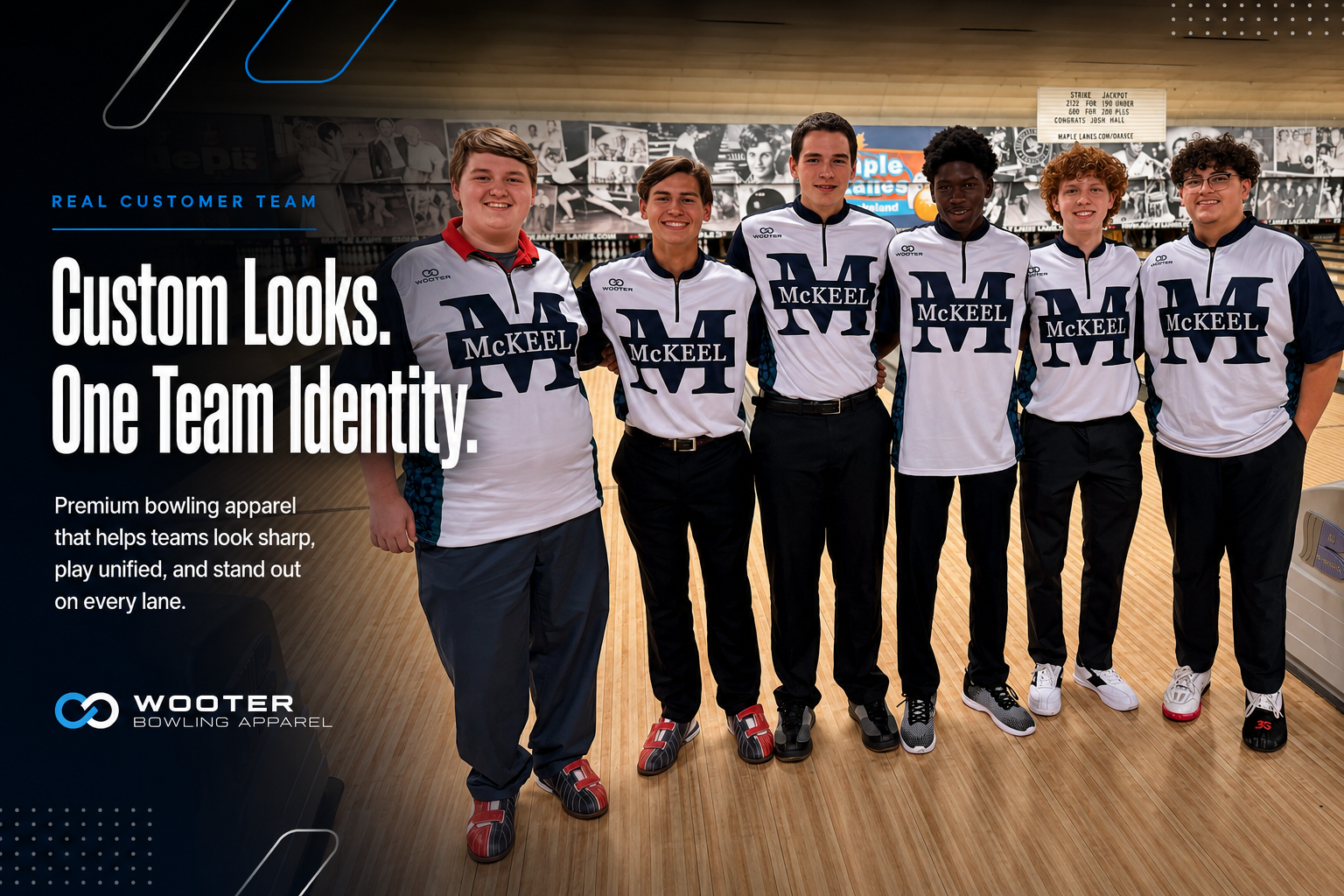 McKeel bowling team wearing coordinated custom Wooter quarter-zip shirts at a bowling alley