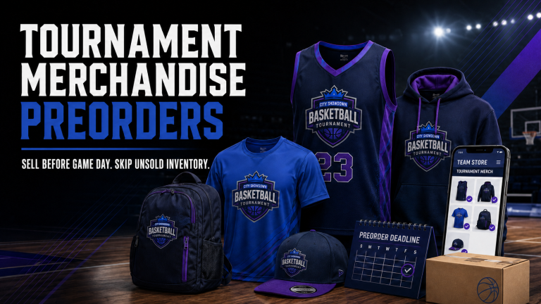 Tournament merchandise preorders featuring custom apparel, an online Team Store and a preorder deadline