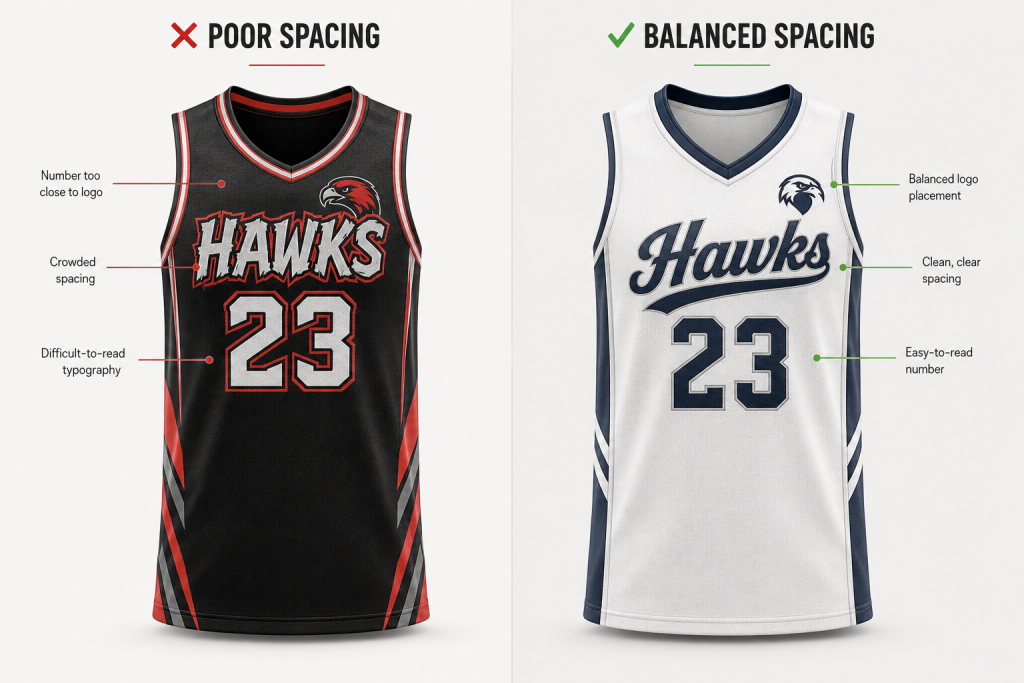 Comparison of poor and balanced jersey number placement
