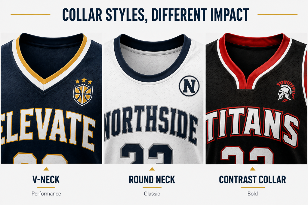 Comparison of V-neck round-neck and contrast collar sports jerseys