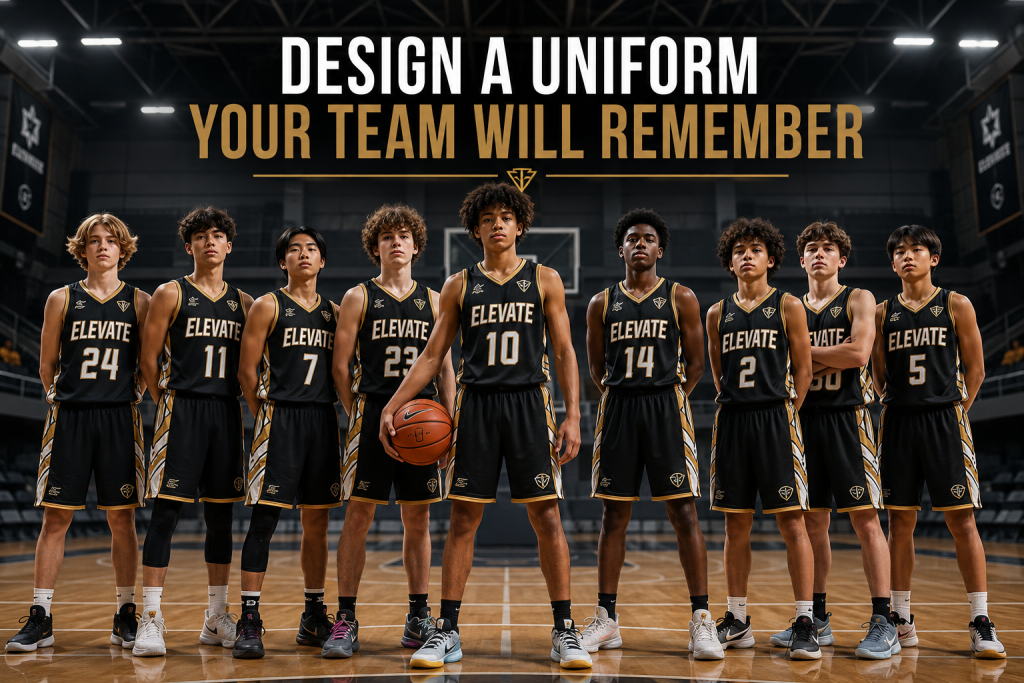 Basketball team wearing matching custom uniforms with consistent colors and typography
