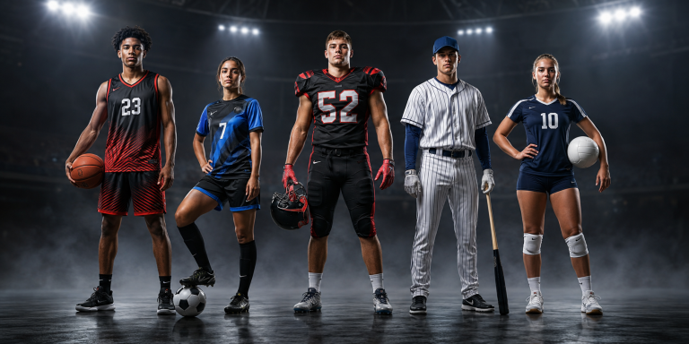 Athletes from different sports wearing custom team uniforms in a stadium, showcasing memorable team uniform design.