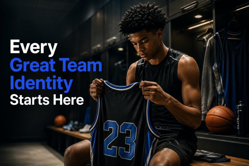 Basketball player holding a custom team jersey in a locker room before a game, symbolizing team identity and confidence.