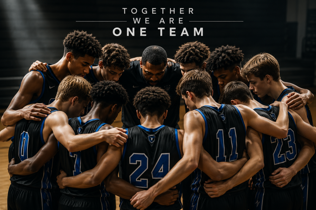 Youth basketball team wearing matching custom uniforms in a huddle, representing teamwork and team identity.