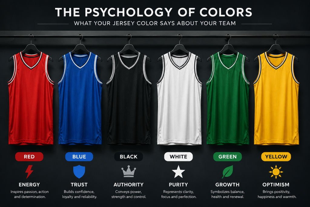 Infographic showing how different jersey colors communicate confidence, trust, energy, and professionalism in sports.