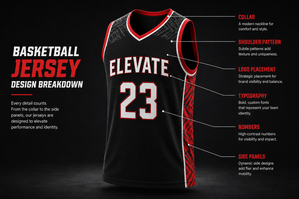 Diagram of a custom sports jersey highlighting typography, logo placement, numbers, patterns, and design elements.