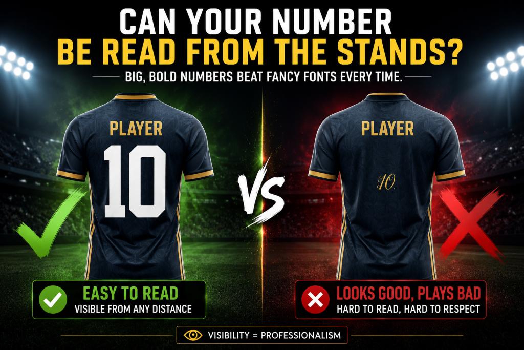 Comparison of large, easy-to-read jersey numbers and small decorative numbers, highlighting the importance of readability in sports uniform design.