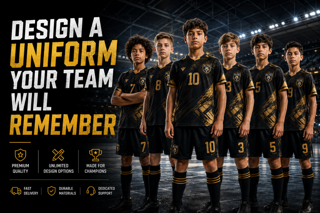 Youth sports team confidently wearing custom uniforms in a modern arena with a call to action to start designing a memorable team uniform.