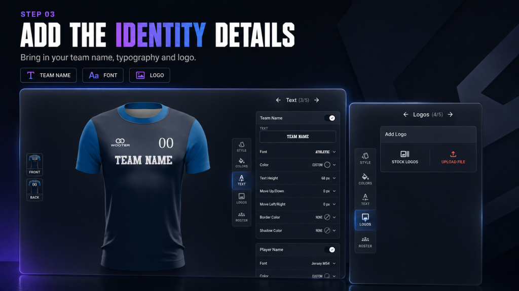 Adding a team name, font and logo to a custom esports jersey