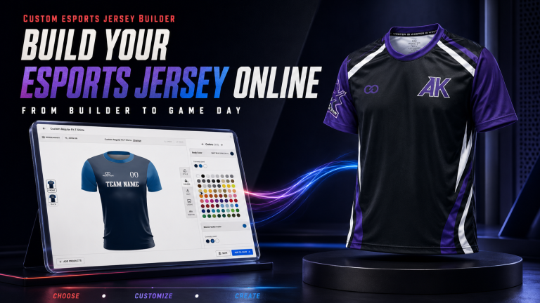 Wooter custom esports jersey Builder showing an online design beside the finished jersey