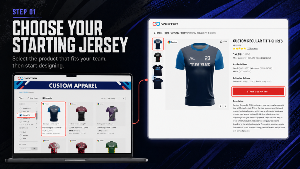 Selecting a custom esports jersey from the Wooter Apparel Builder