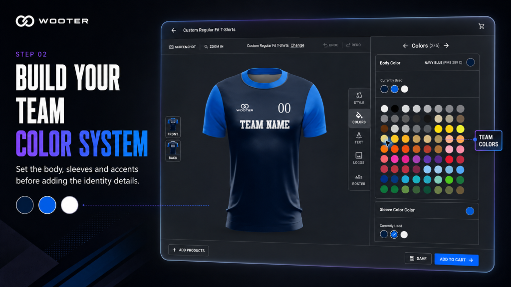 Customizing esports jersey body and sleeve colors in the Wooter Builder