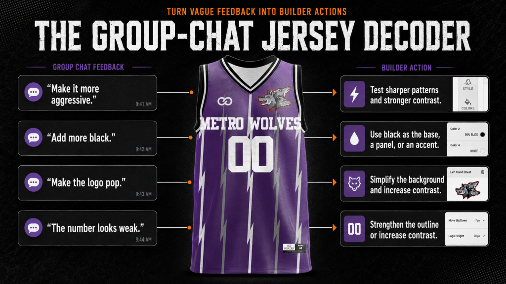 Group-chat jersey feedback translated into specific Wooter Builder actions