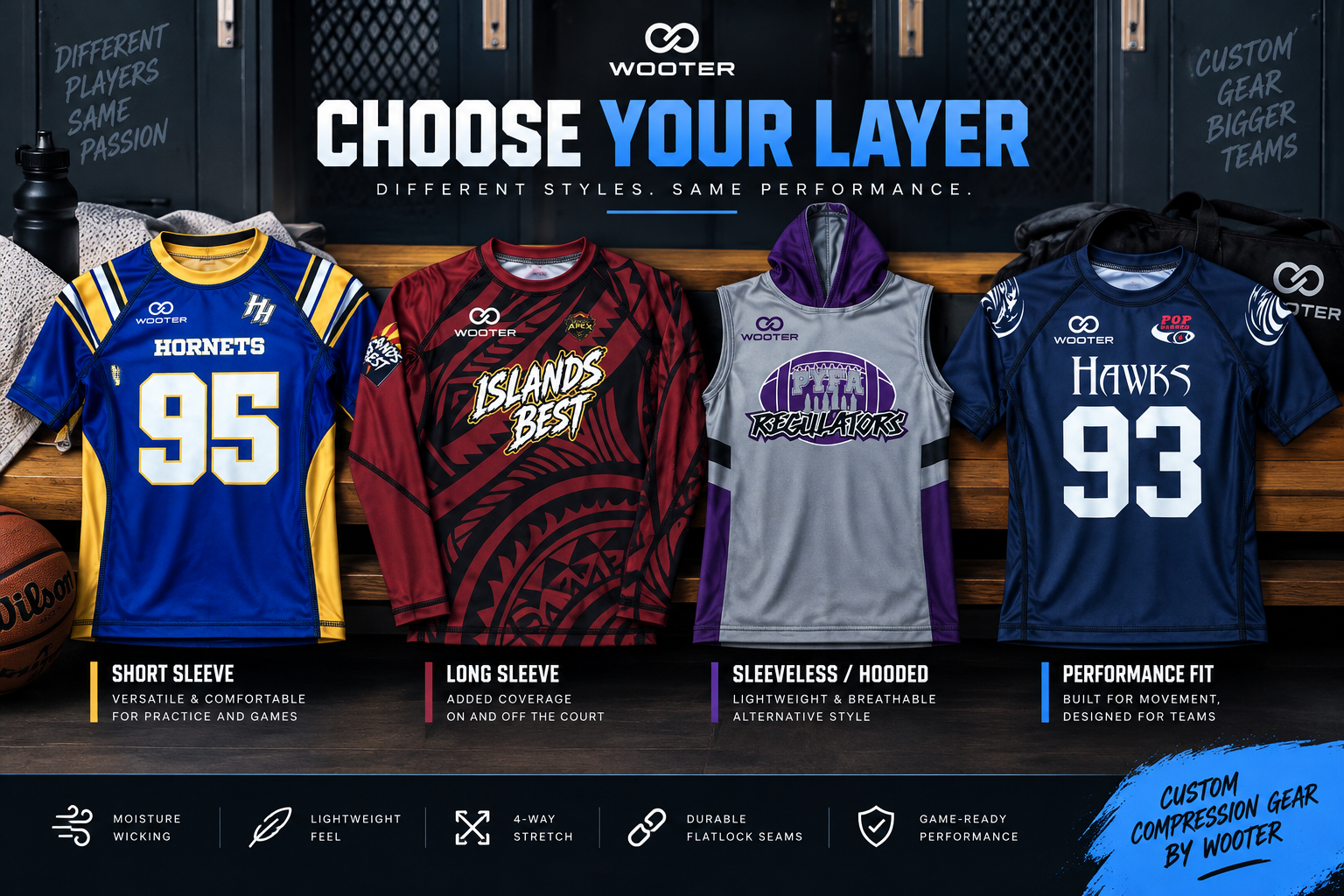 Short sleeve, long sleeve, sleeveless hooded, and fitted Wooter compression shirt styles compared