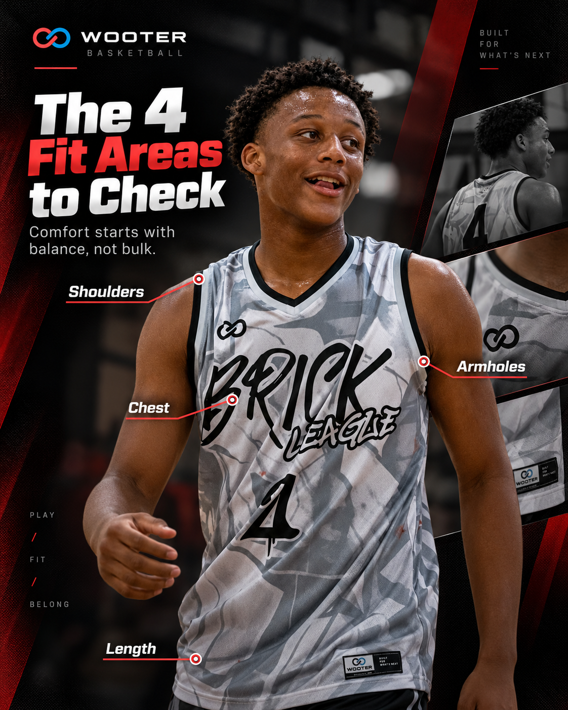 Basketball jersey fit areas showing shoulders chest armholes and jersey length
