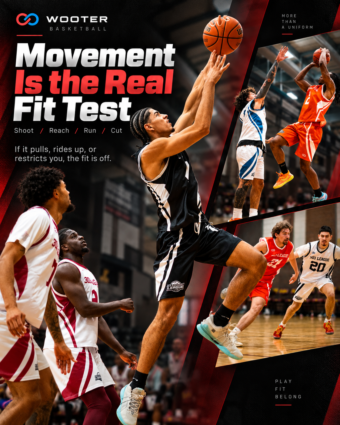 Basketball players shooting running and defending to demonstrate jersey movement and fit