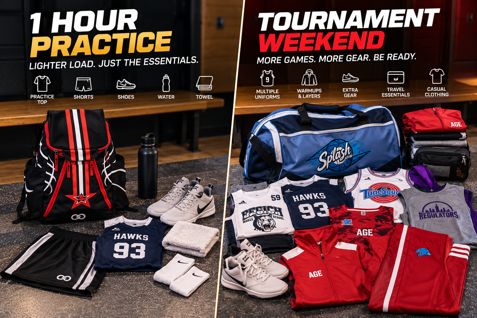Basketball practice essentials compared with tournament weekend uniforms warmups shoes and travel gear