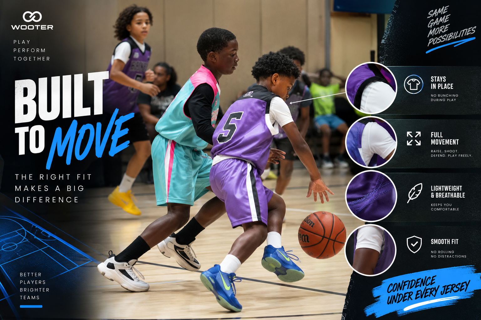 Basketball players demonstrating a close-fitting undershirt with smooth layering and free movement under a jersey