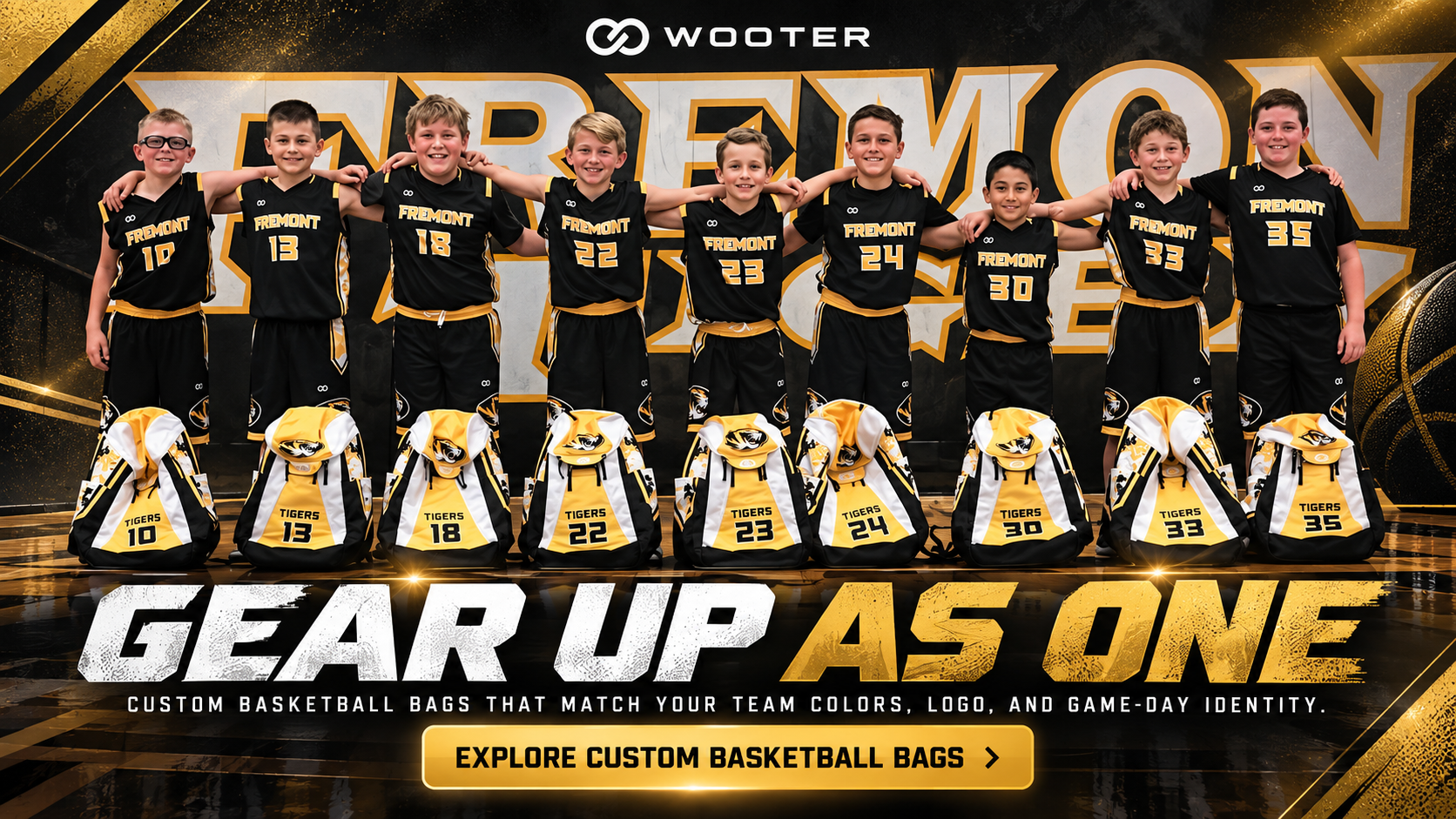 Basketball team with matching custom uniforms and team bags in coordinated team colors