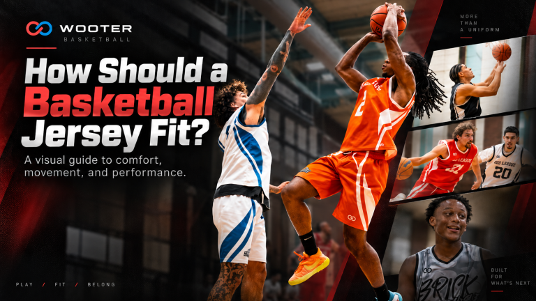 Basketball players in Wooter uniforms demonstrating proper basketball jersey fit during play