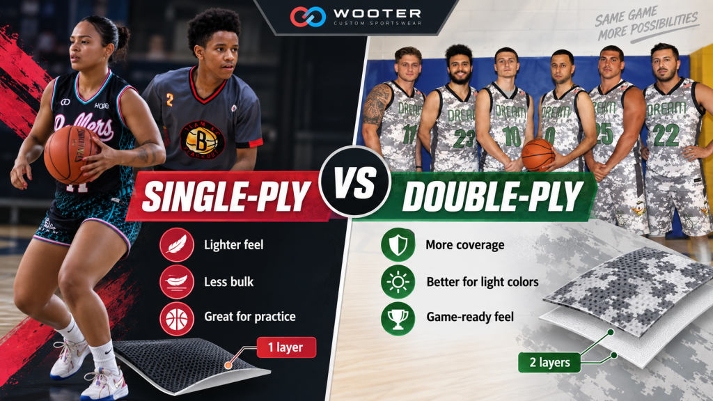 Single-ply vs double-ply basketball jersey comparison showing weight, coverage, and use cases