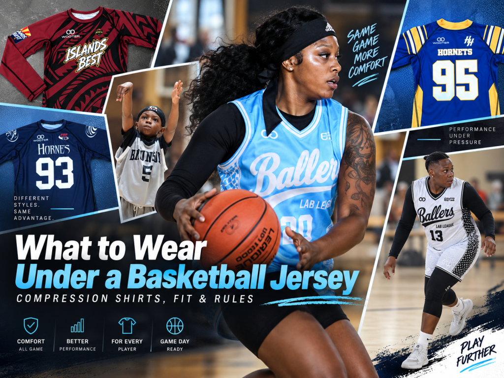 Basketball player wearing a compression shirt under a Wooter jersey with examples of basketball base-layer styles