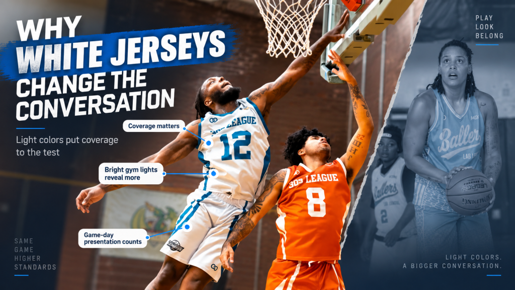 White reversible basketball jersey showing why coverage matters with light colors