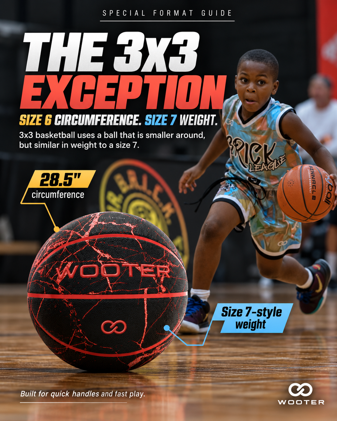 3x3 basketball size showing Size 6 circumference with Size 7 weight