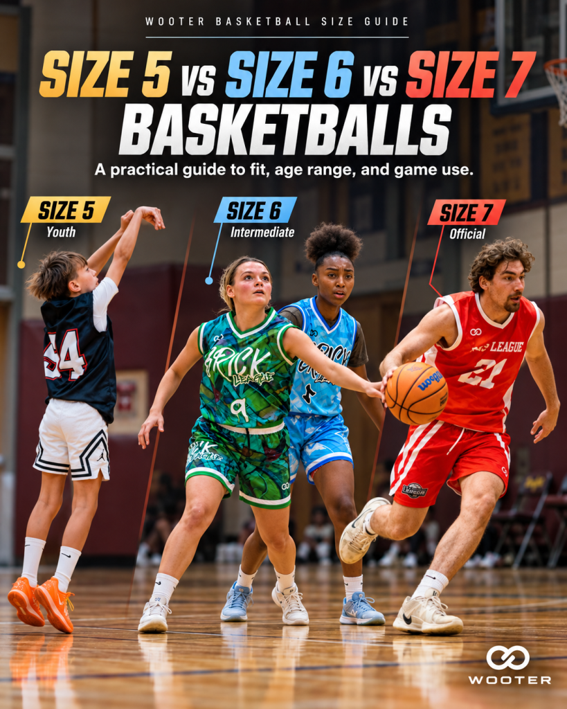 Basketball size guide comparing Size 5 Size 6 and Size 7 basketballs for youth women and men