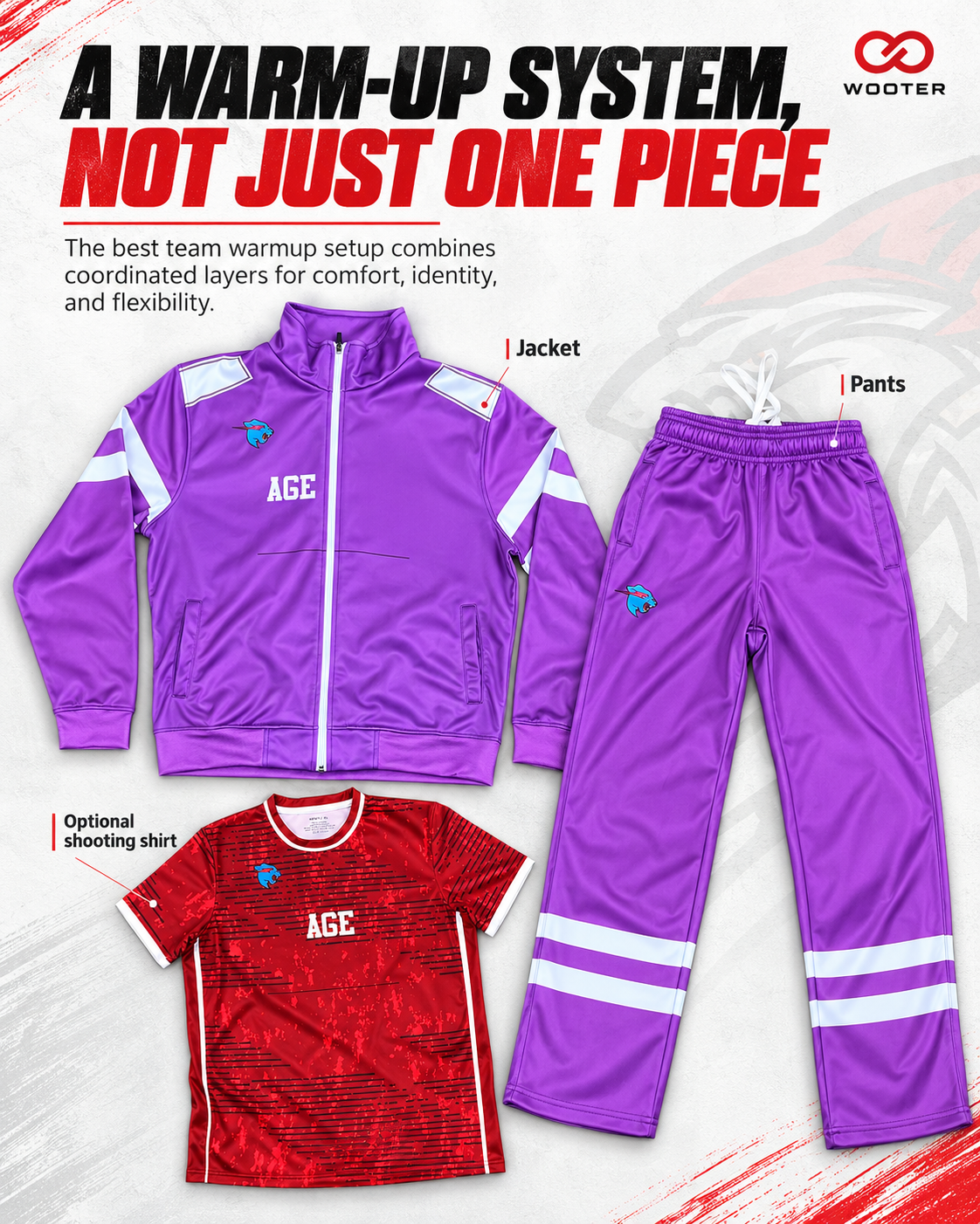 Basketball warm-up suit setup with custom jacket warmup pants and optional shooting shirt