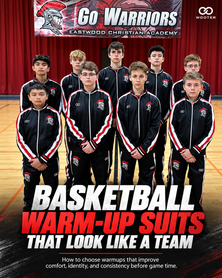 Basketball team wearing coordinated custom warm-up suits before a game