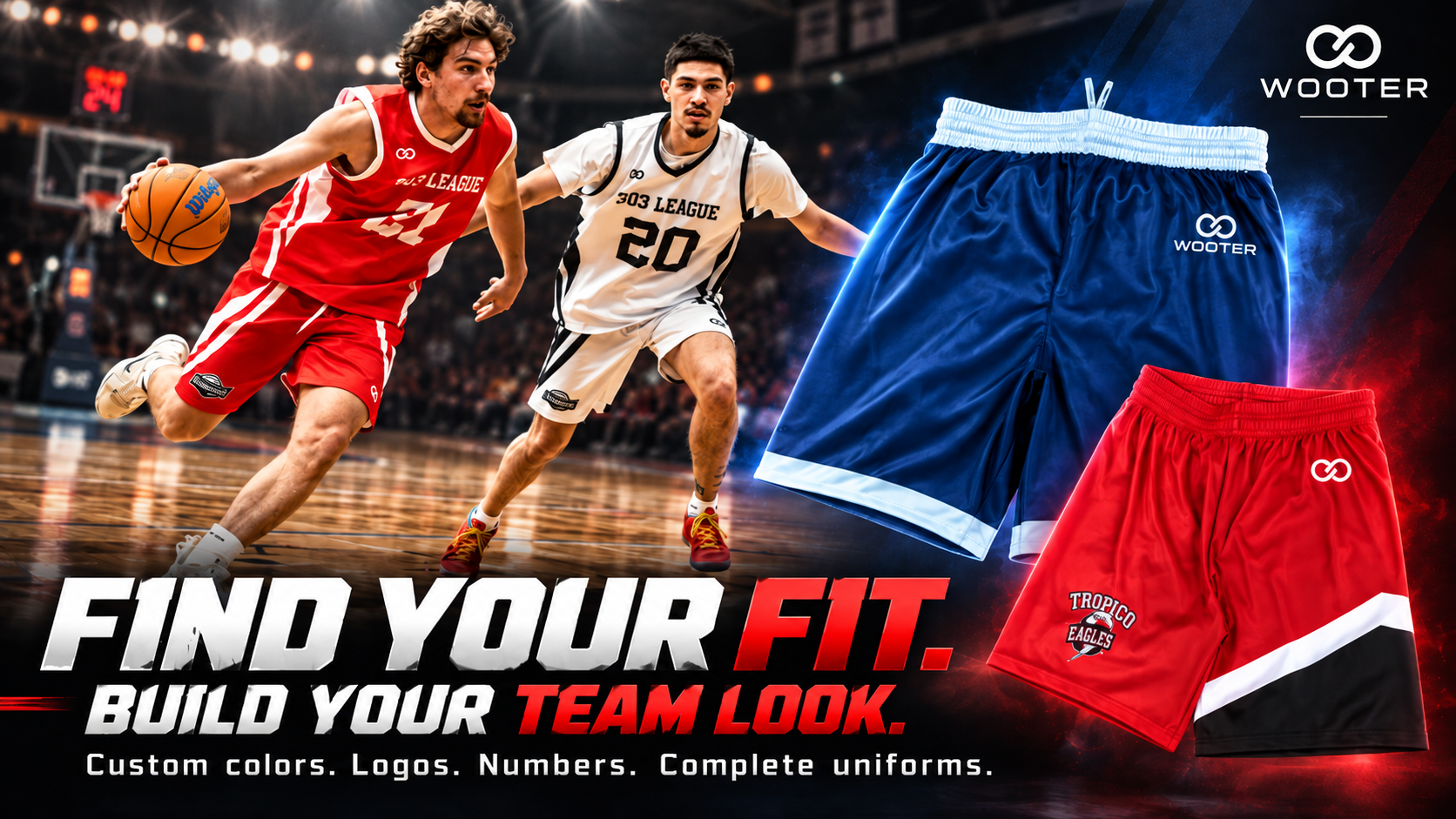 Basketball players wearing custom team uniforms beside custom basketball shorts in different team colors